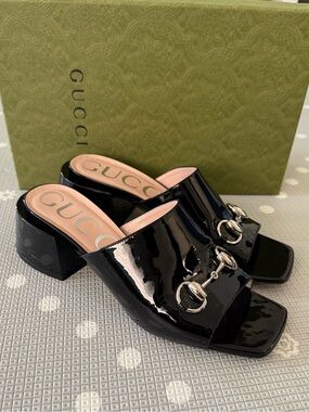 Patent Lexi Horsebit Mid-Heel Slide Sandals 38 Black